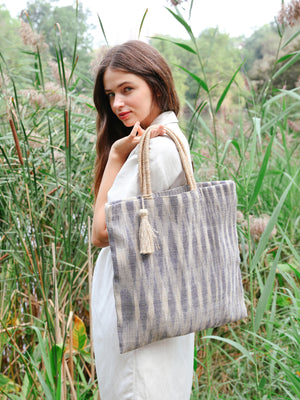Metanoia Wellness - Nadi Jute Tote Bag - Blue on Model