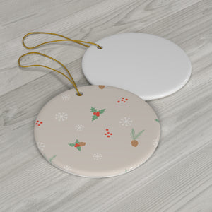 Ceramic Holiday Ornament - Pinecones & Holly