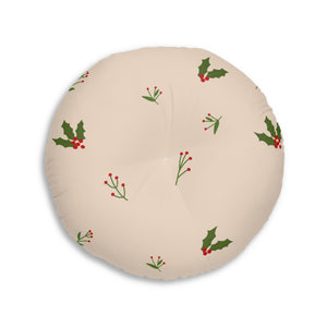 Beige Round Tufted Holiday Floor Pillow - Holly