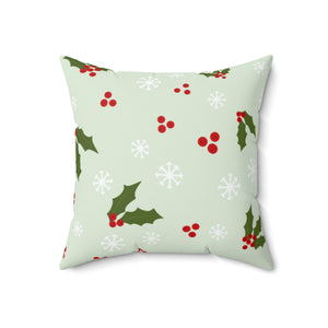 Green Polyester Square Holiday Pillowcase - Holly & Snowflakes