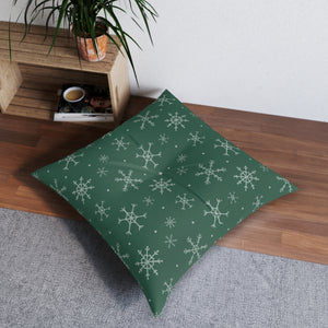 Green Square Tufted Holiday Floor Pillow - Snowflakes