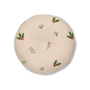 Beige Round Tufted Holiday Floor Pillow - Holly