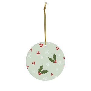 Ceramic Holiday Ornament - Holly & Snowflakes