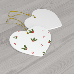 White Ceramic Holiday Ornament - Holly