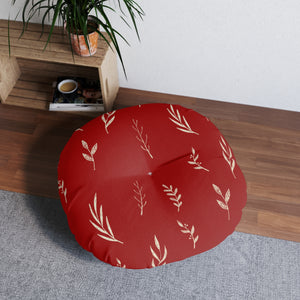Red Round Tufted Holiday Floor Pillow - White Garland