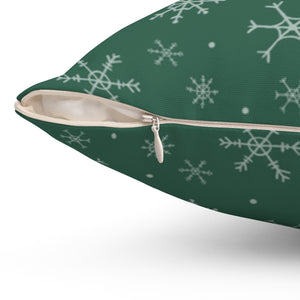 Green Polyester Square Holiday Pillowcase - Snowflakes