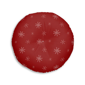 Red Round Tufted Holiday Floor Pillow - Snowflakes
