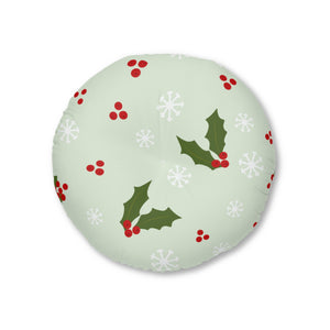 Round Tufted Holiday Floor Pillow - Holly & Snowflakes