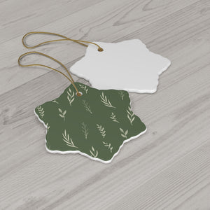 Green Ceramic Holiday Ornament - White Garland