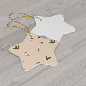 Beige Ceramic Holiday Ornament - Holly