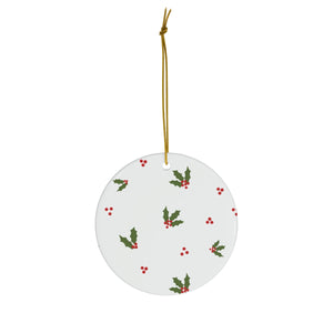 White Ceramic Holiday Ornament - Holly