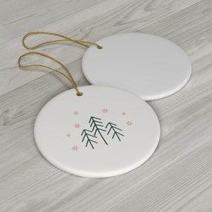 Ceramic Holiday Ornament - Evergreen Trees & Red Snowflakes