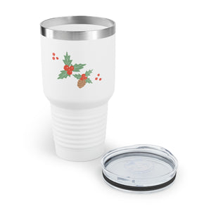 30oz White Ringneck Holiday Tumbler - Pinecones & Holly