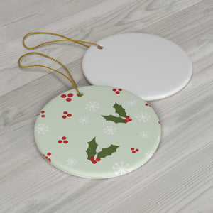 Ceramic Holiday Ornament - Holly & Snowflakes
