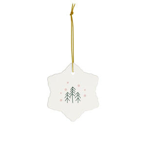 Ceramic Holiday Ornament - Evergreen Trees & Red Snowflakes