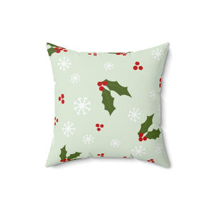Green Polyester Square Holiday Pillowcase - Holly & Snowflakes