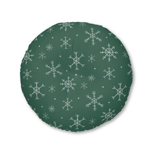 Green Round Tufted Holiday Floor Pillow - Snowflakes