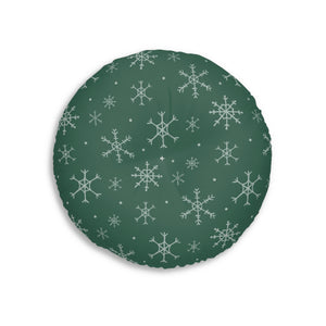 Green Round Tufted Holiday Floor Pillow - Snowflakes