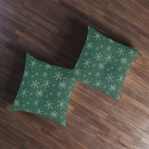 Green Square Tufted Holiday Floor Pillow - Snowflakes