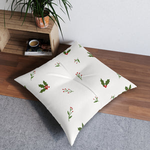 White Square Tufted Holiday Floor Pillow - Holly