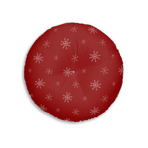 Red Round Tufted Holiday Floor Pillow - Snowflakes