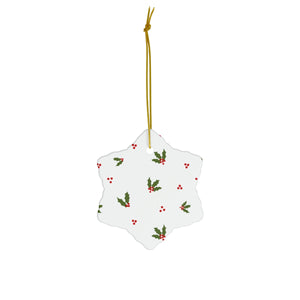 White Ceramic Holiday Ornament - Holly