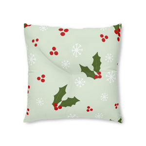 Square Tufted Holiday Floor Pillow - Holly & Snowflakes