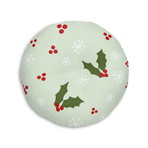 Round Tufted Holiday Floor Pillow - Holly & Snowflakes