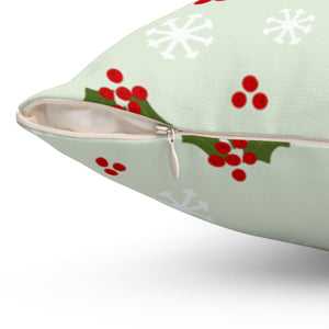 Green Polyester Square Holiday Pillowcase - Holly & Snowflakes