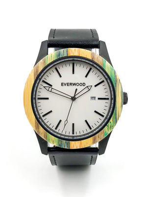 Multi Bamboo & Black Leather Watch