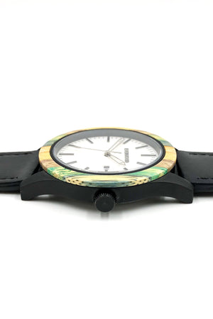 Multi Bamboo & Black Leather Watch