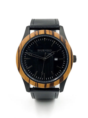 Zebrawood & Black Leather Watch