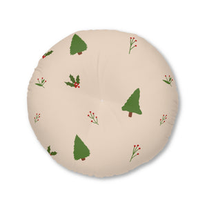 Round Tufted Holiday Floor Pillow - Evergreen Trees & Holly