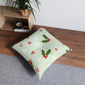 Square Tufted Holiday Floor Pillow - Holly & Snowflakes