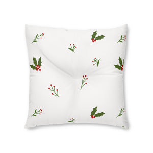 White Square Tufted Holiday Floor Pillow - Holly