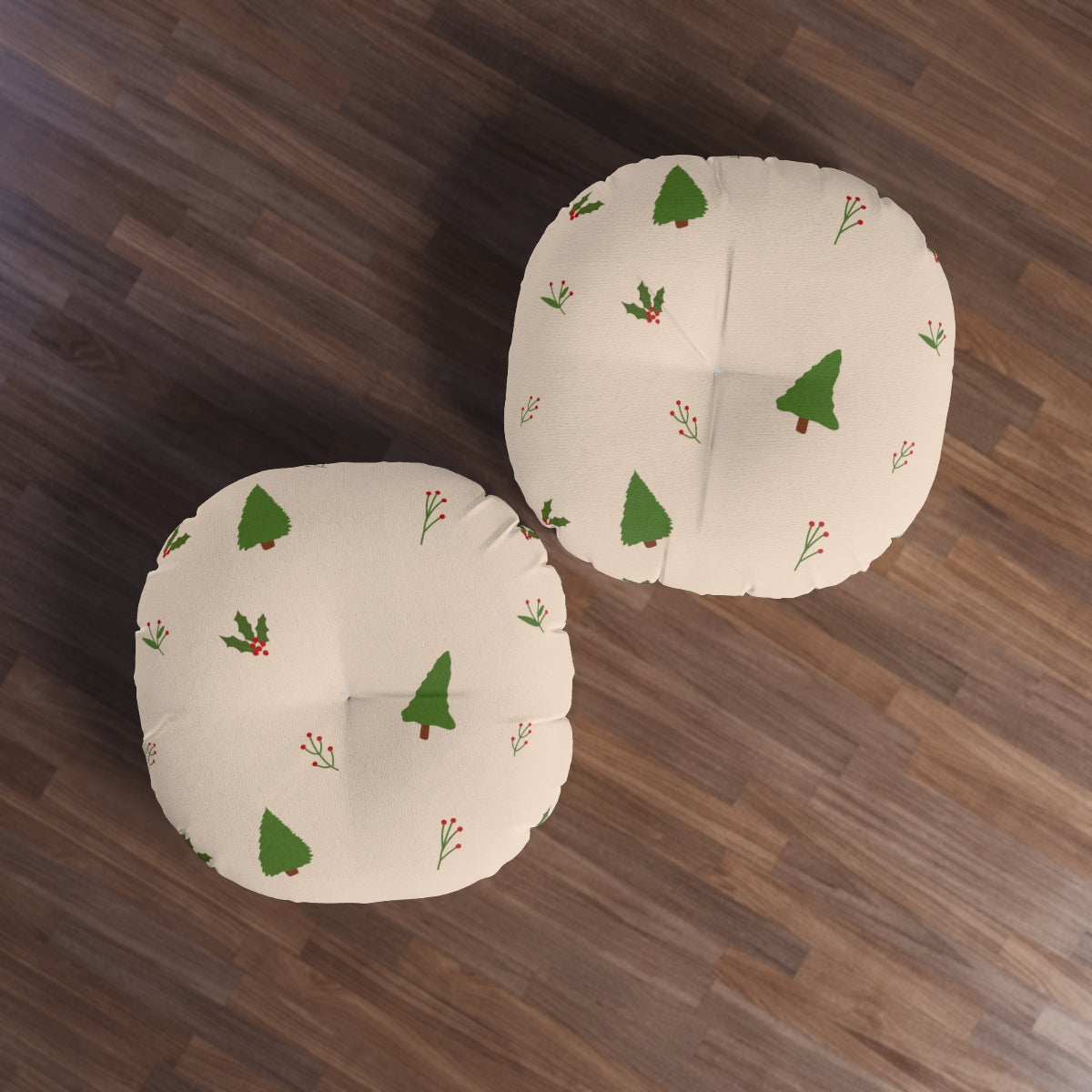 Round Tufted Holiday Floor Pillow - Evergreen Trees &amp; Holly