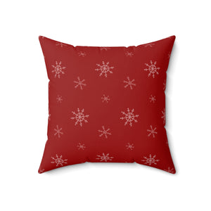 Red Polyester Square Holiday Pillowcase - Snowflakes