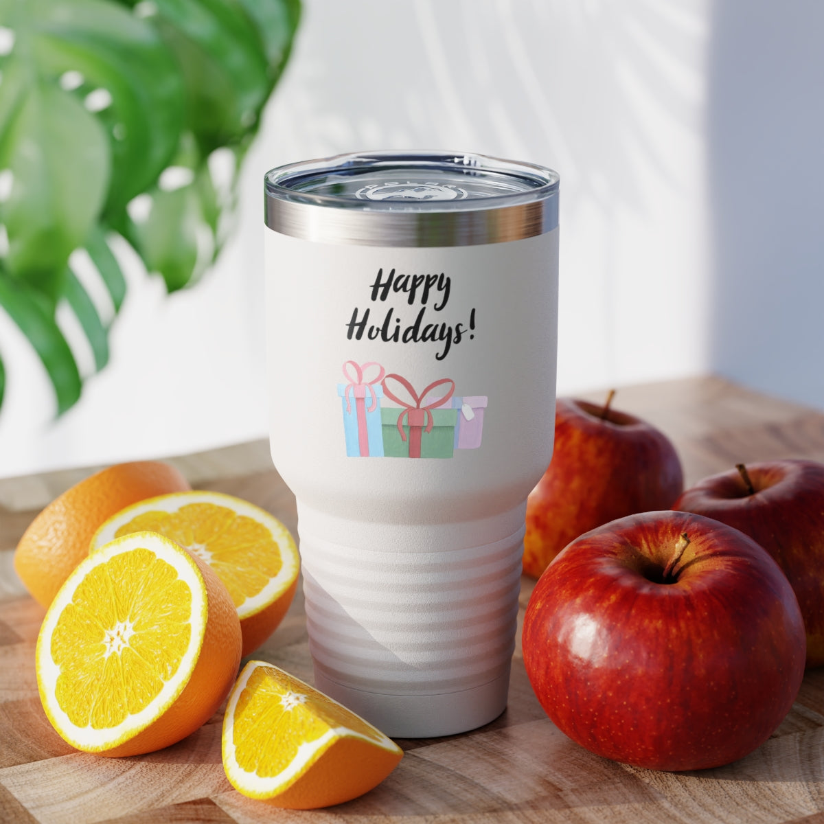 30oz White Ringneck Holiday Tumbler - Happy Holidays &amp; Presents