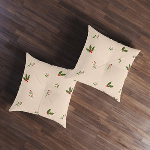 Beige Square Tufted Holiday Floor Pillow - Holly