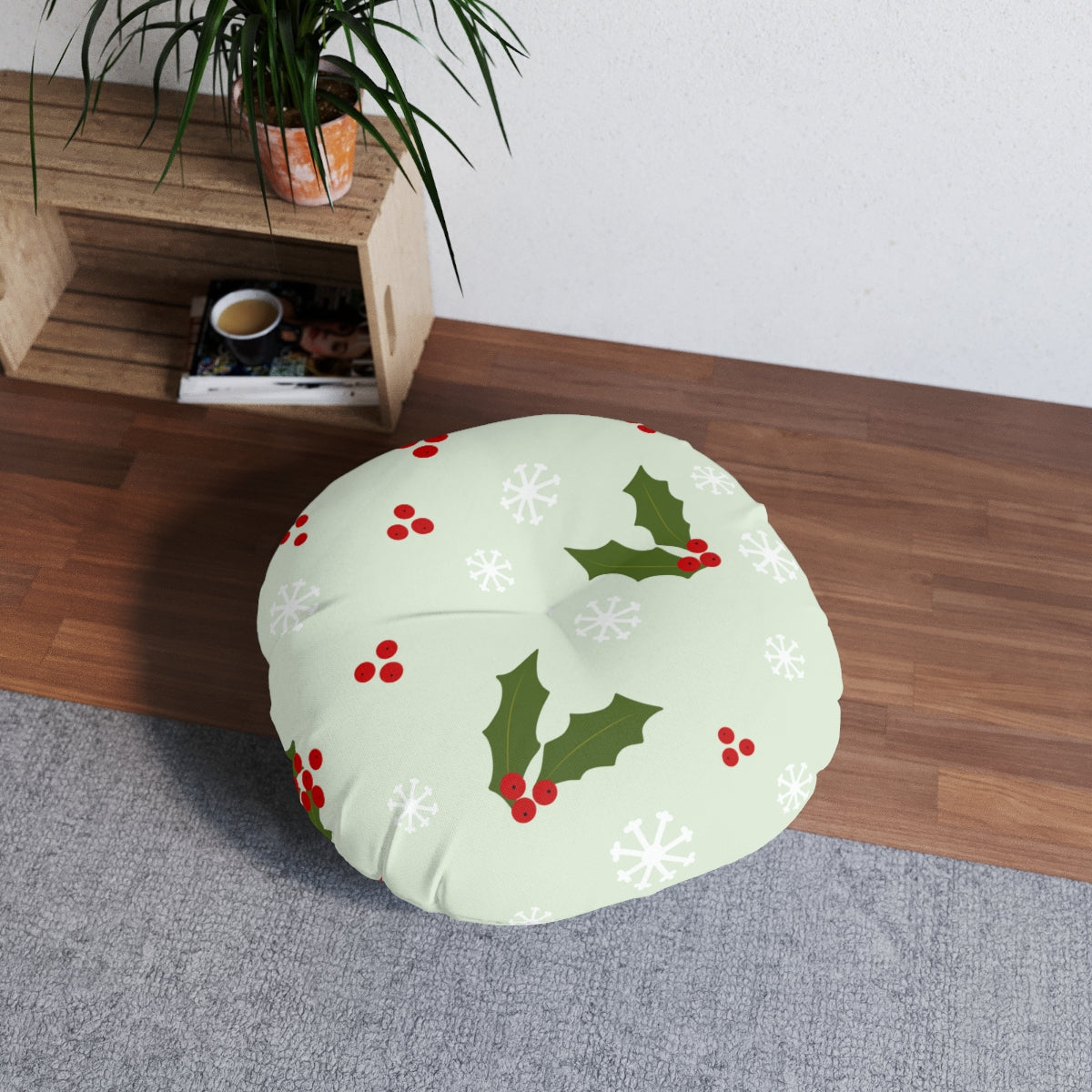 Round Tufted Holiday Floor Pillow - Holly &amp; Snowflakes