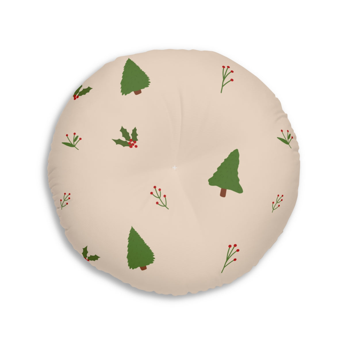 Round Tufted Holiday Floor Pillow - Evergreen Trees &amp; Holly