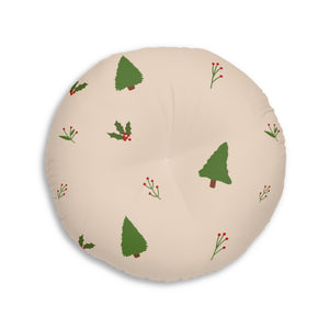 Round Tufted Holiday Floor Pillow - Evergreen Trees & Holly