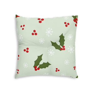 Square Tufted Holiday Floor Pillow - Holly & Snowflakes
