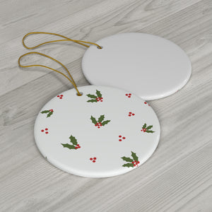 White Ceramic Holiday Ornament - Holly