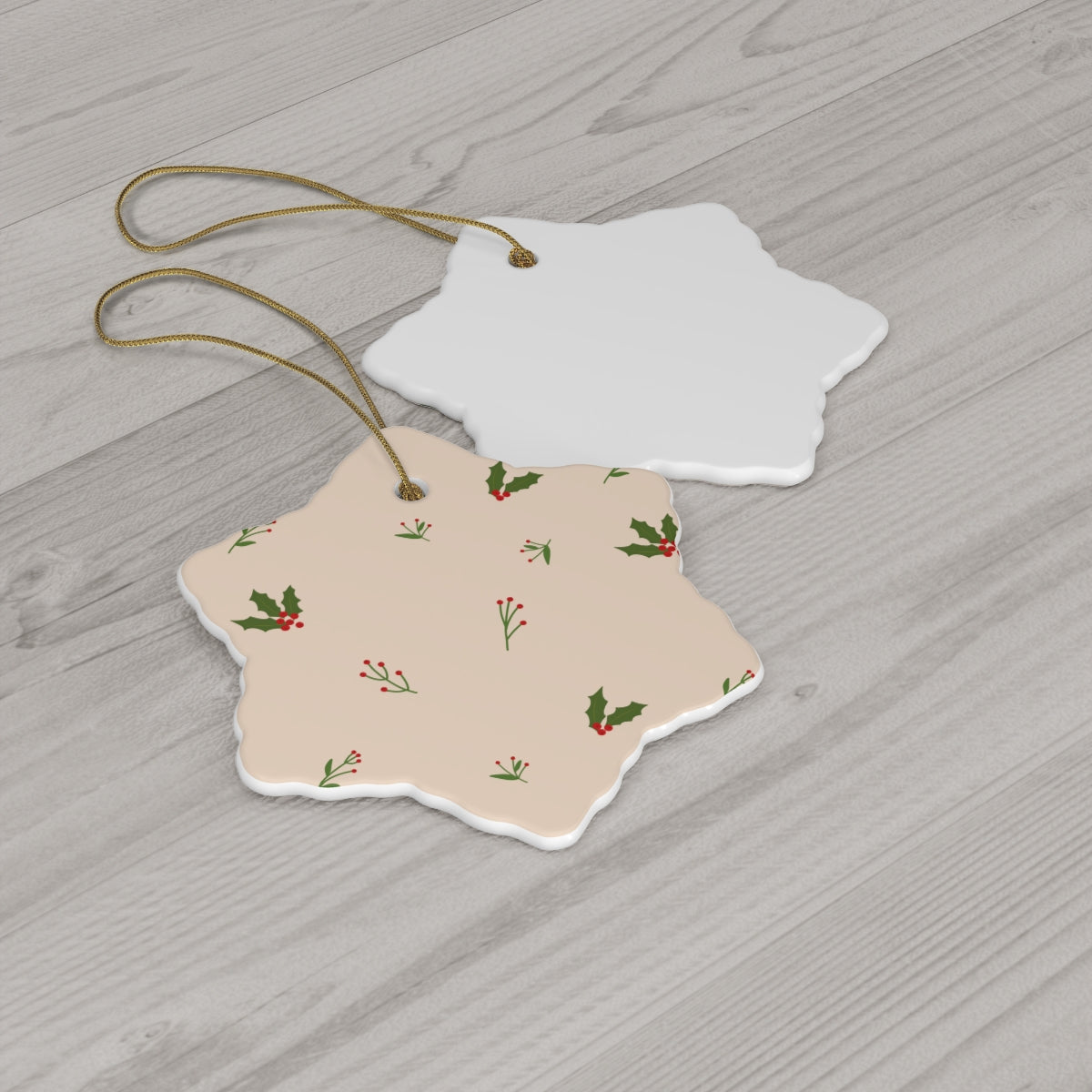 Beige Ceramic Holiday Ornament - Holly