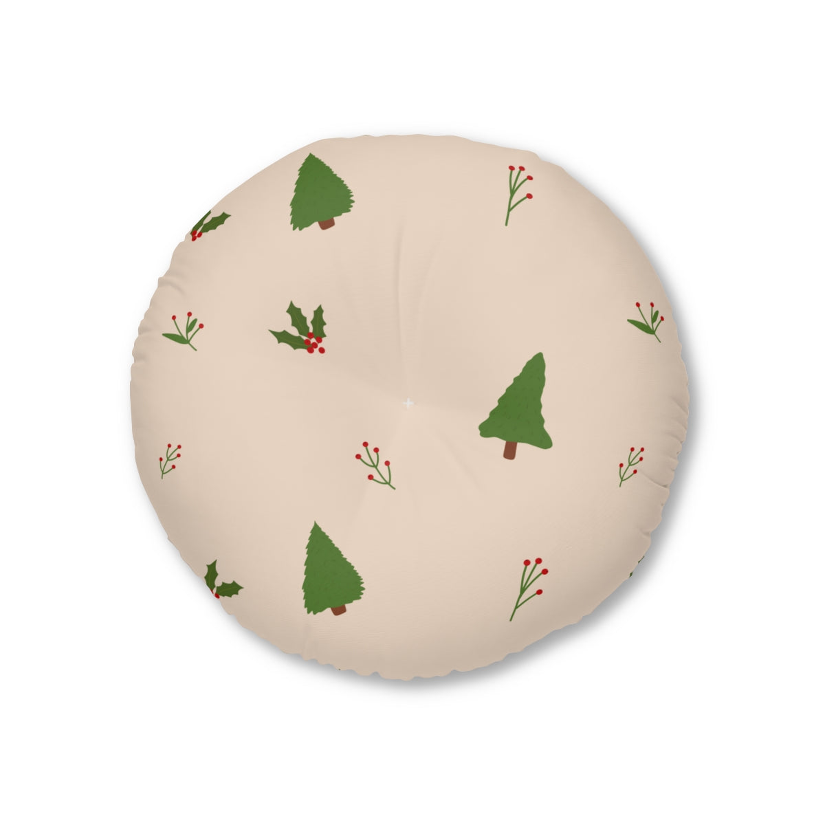 Round Tufted Holiday Floor Pillow - Evergreen Trees &amp; Holly