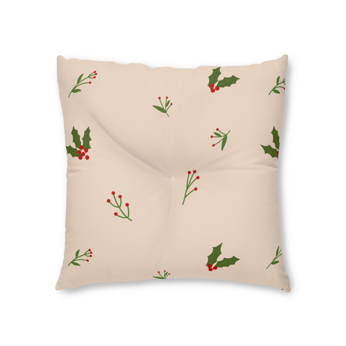 Beige Square Tufted Holiday Floor Pillow - Holly