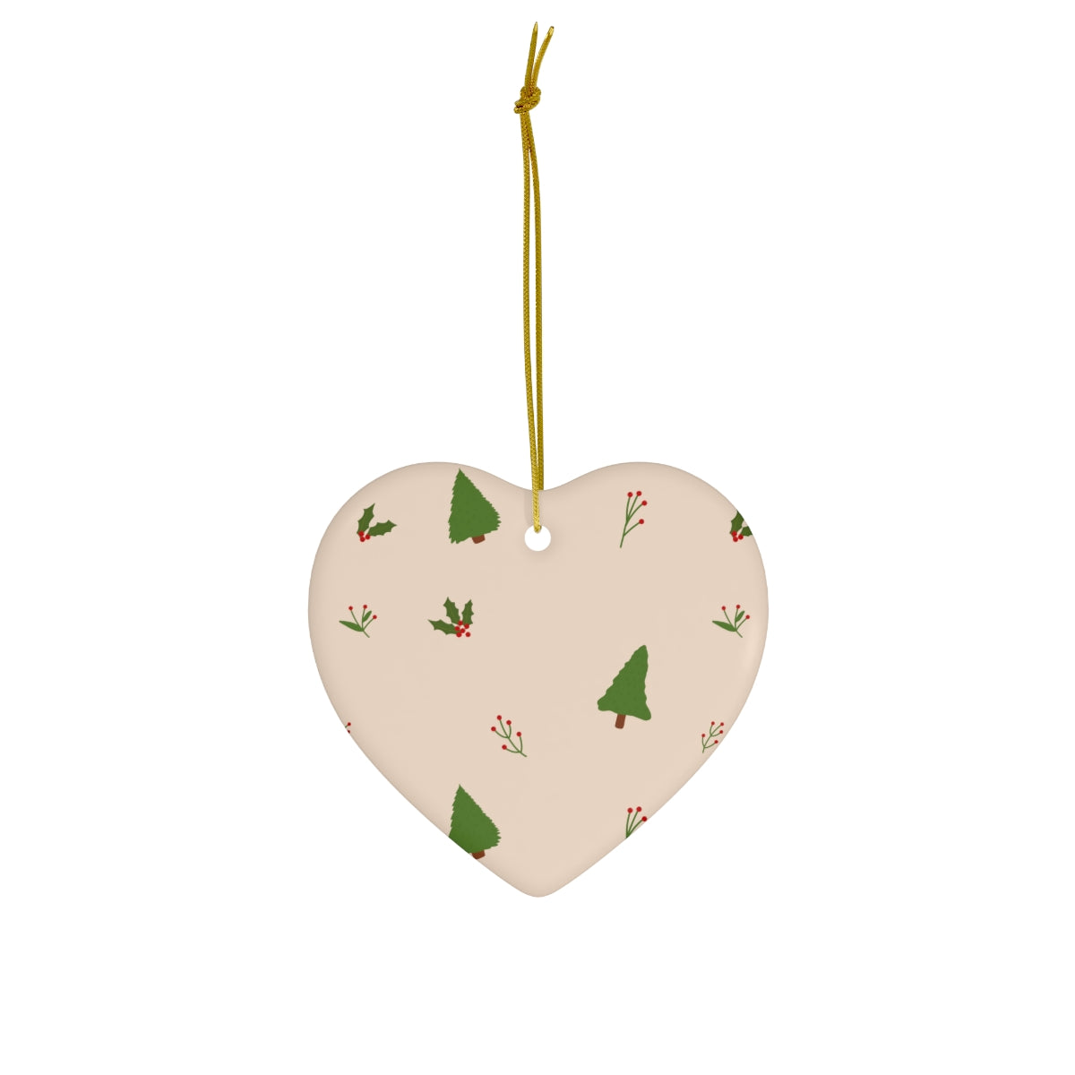 Beige Ceramic Holiday Ornament - Evergreen Trees &amp; Holly