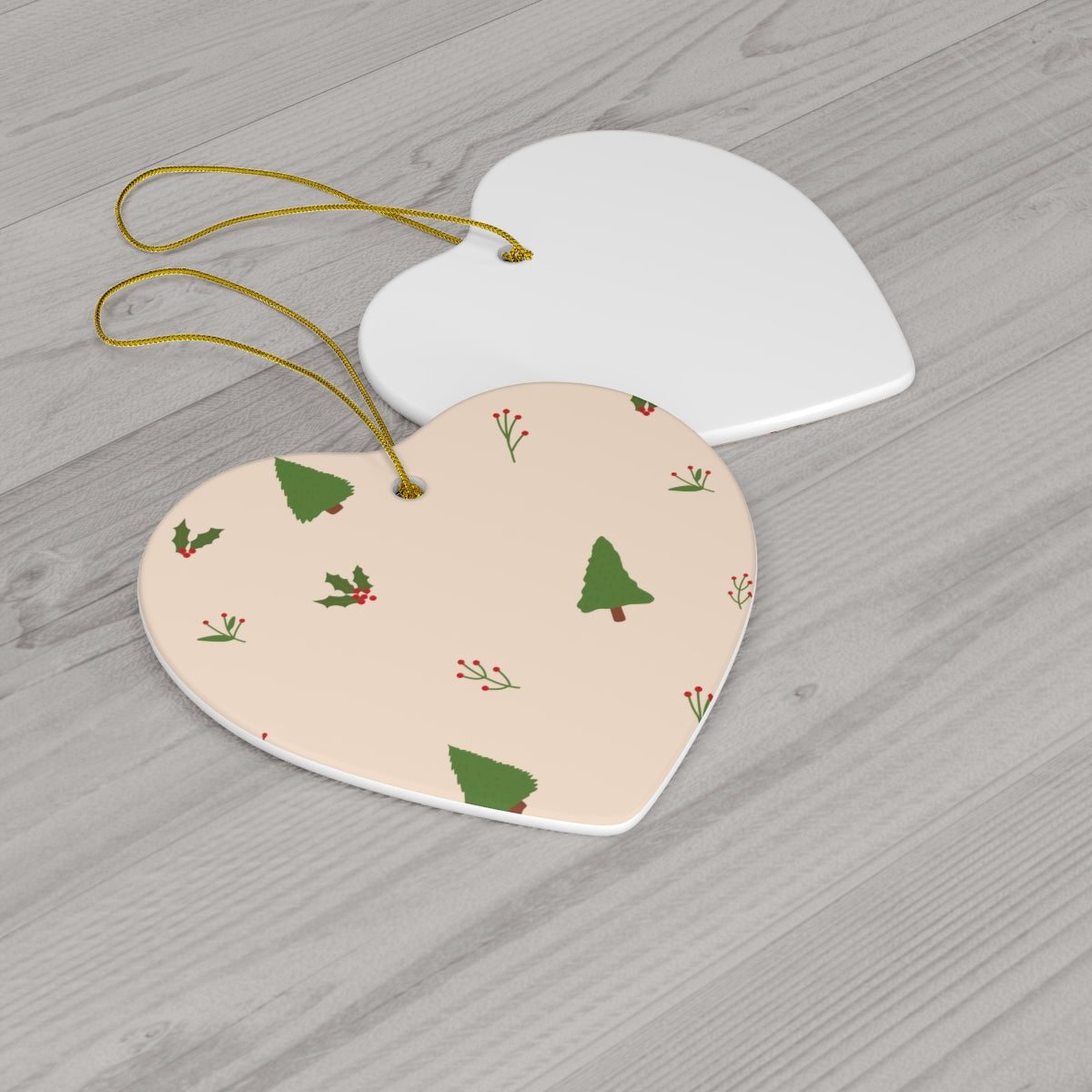 Beige Ceramic Holiday Ornament - Evergreen Trees &amp; Holly