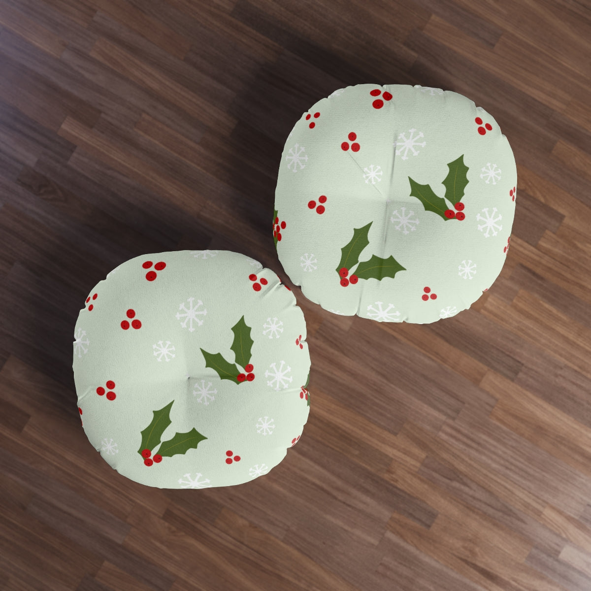 Round Tufted Holiday Floor Pillow - Holly &amp; Snowflakes